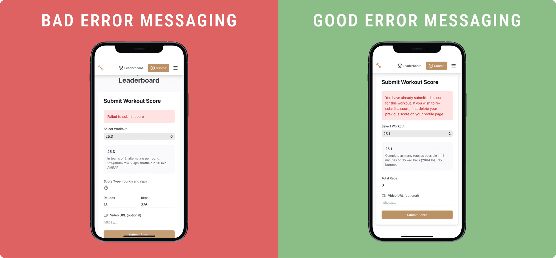 Error messaging before and after
